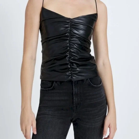 7 For All Mankind Black Leather Ruched Cami - Picture 2 of 4